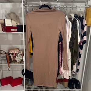 naked wardrobe Long Sleeve Knit Midi Dress in Taupe